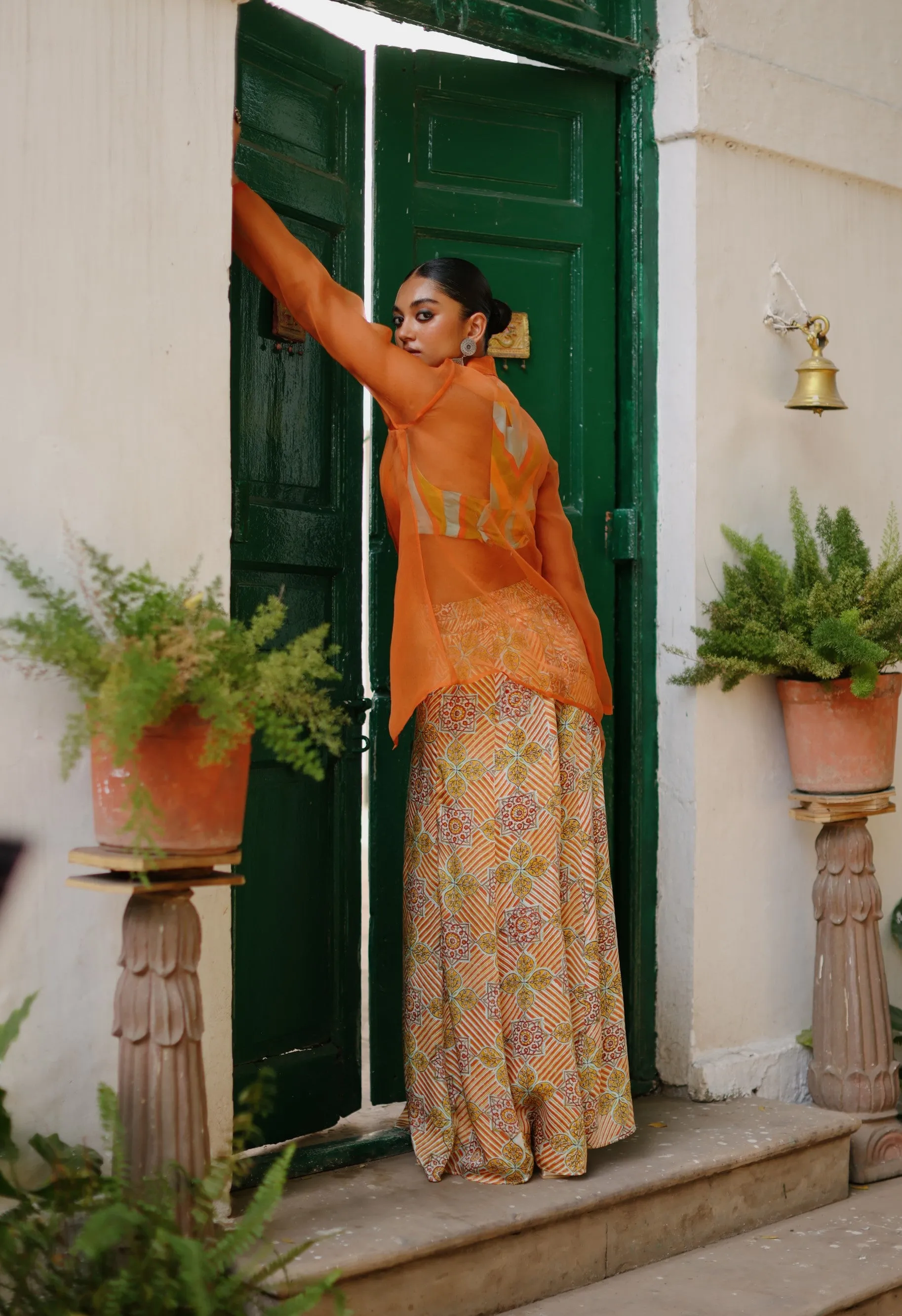 Rangoli Cropped Blouse With Flared Pant and Rust Organza Jacket-Set of 3