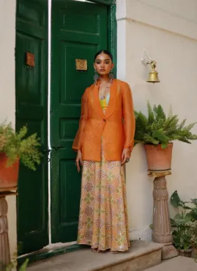 Rangoli Cropped Blouse With Flared Pant and Rust Organza Jacket-Set of 3