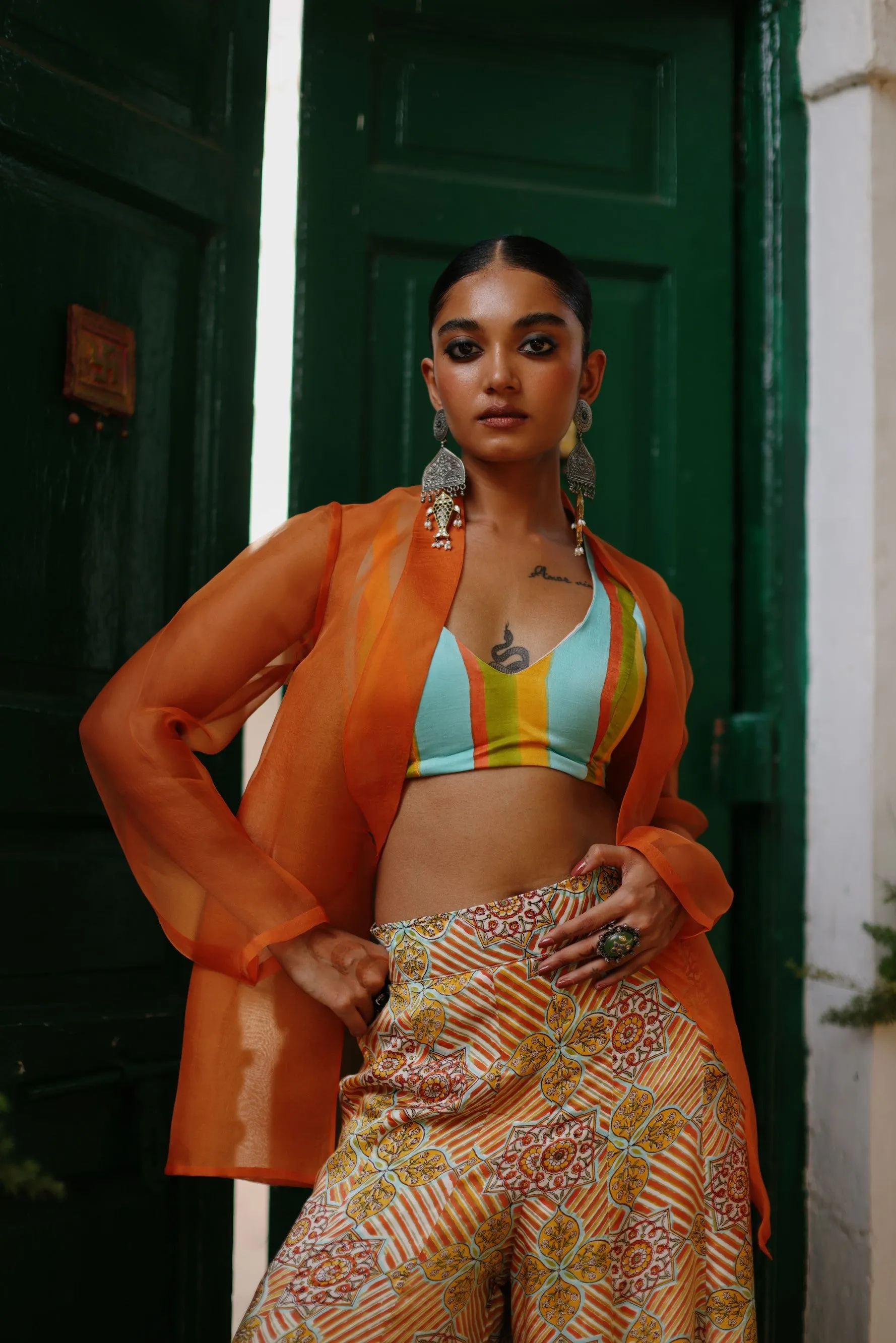 Rangoli Cropped Blouse With Flared Pant and Rust Organza Jacket-Set of 3