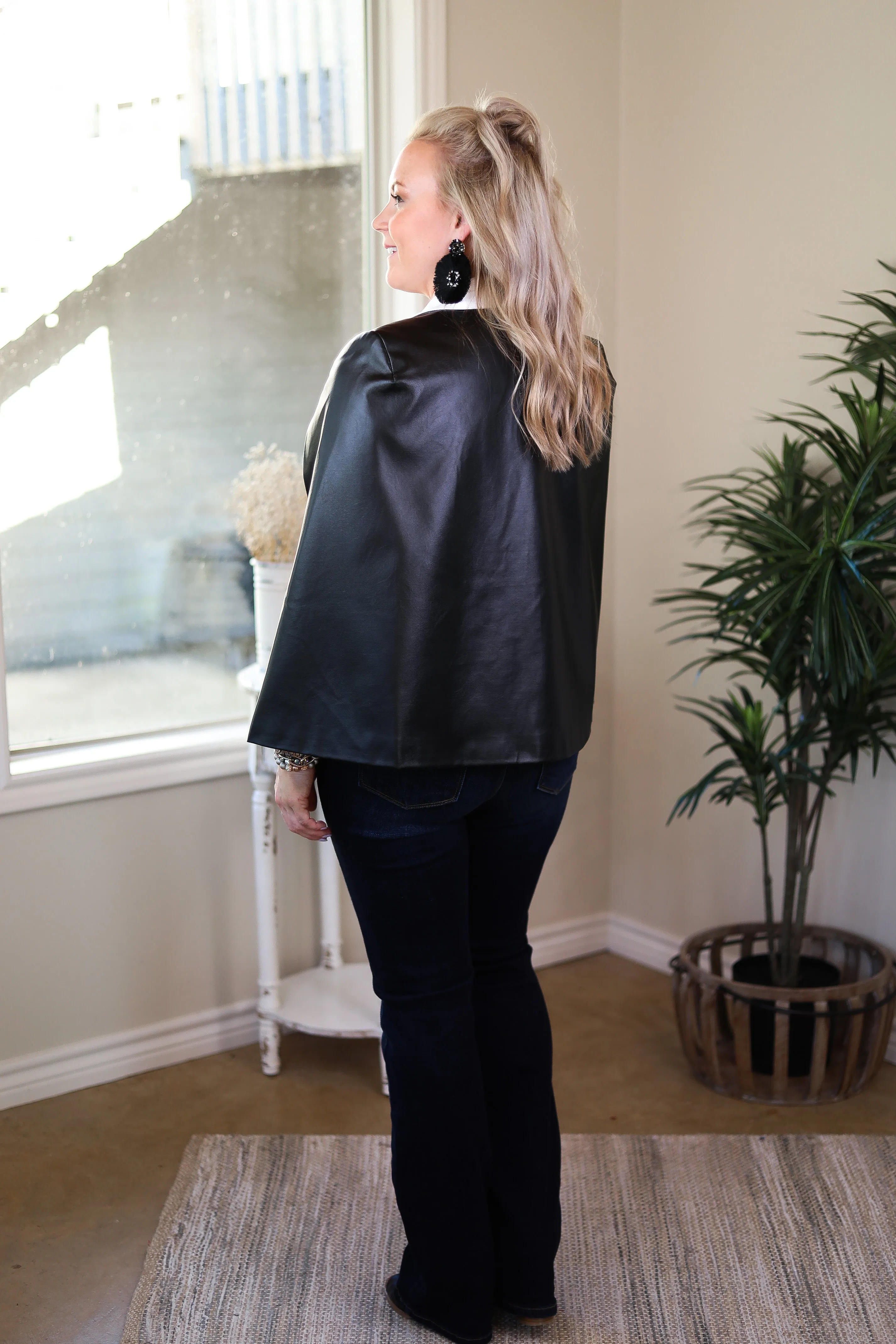 Serious Business Faux Leather Cape Blazer in Black