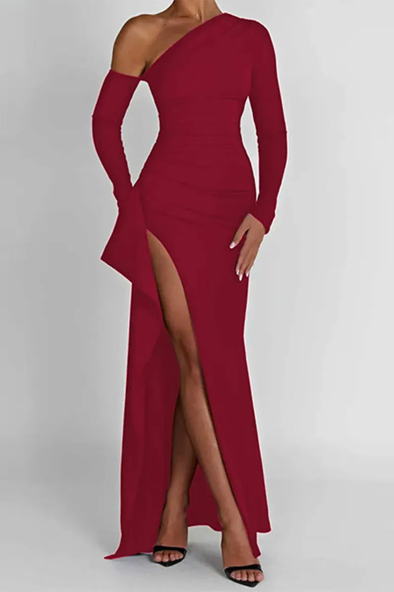 Sexy Simplicity Solid Asymmetrical Oblique Collar Wrapped Skirt Dresses