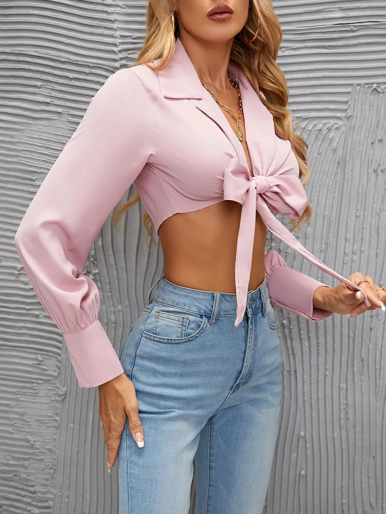 Spring Sleeve Silk Tie Long 2024 Female Autumn Up Cross Crop Y2K New Fashionable Imitation Top