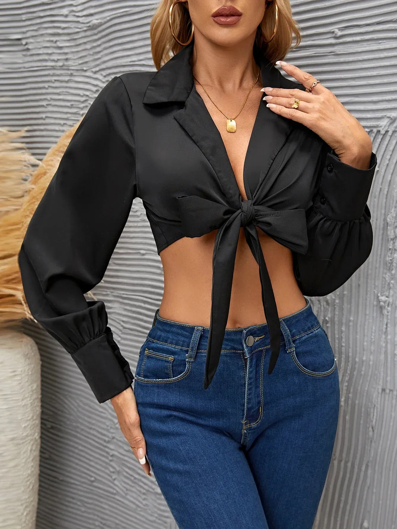 Spring Sleeve Silk Tie Long 2024 Female Autumn Up Cross Crop Y2K New Fashionable Imitation Top