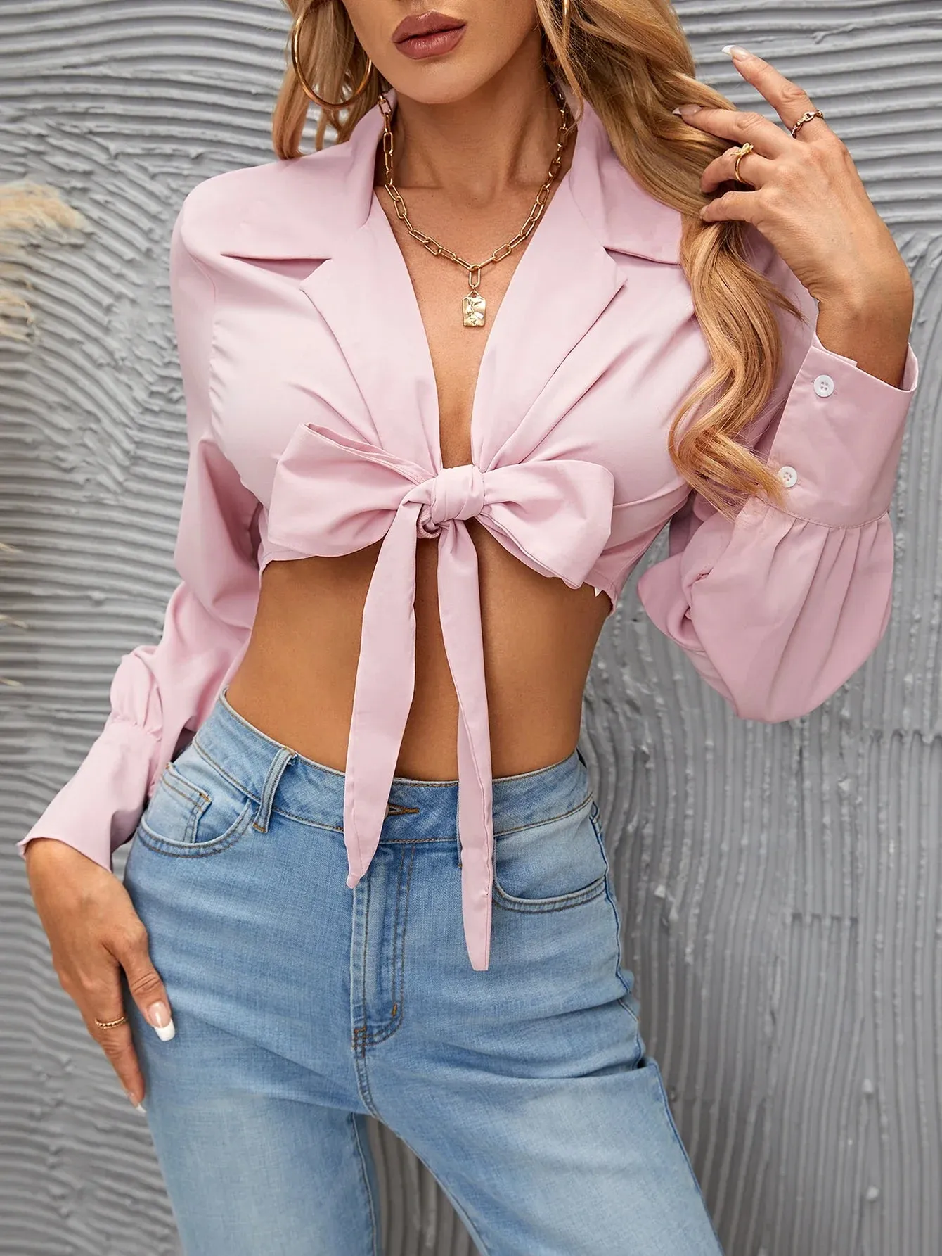Spring Sleeve Silk Tie Long 2024 Female Autumn Up Cross Crop Y2K New Fashionable Imitation Top