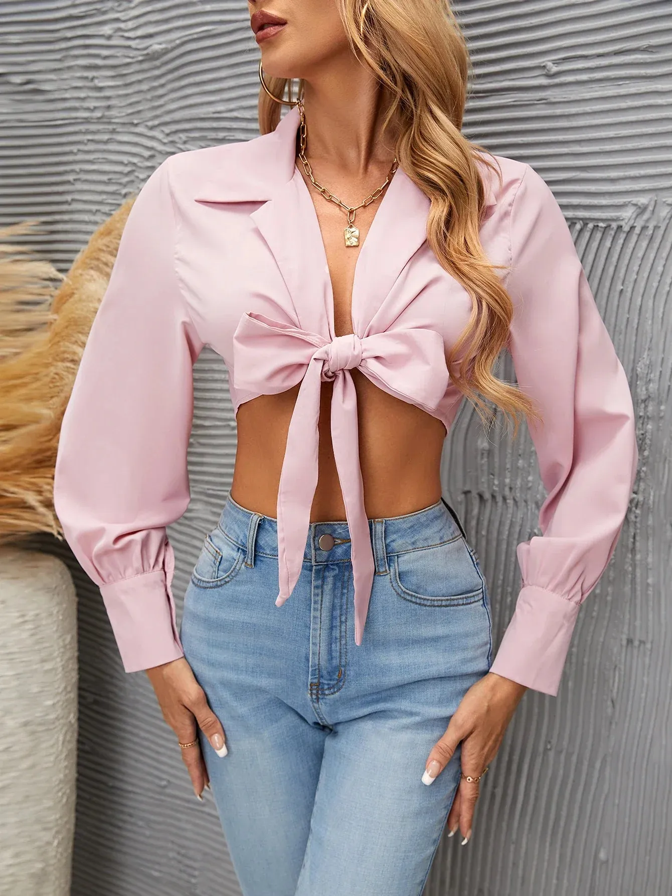Spring Sleeve Silk Tie Long 2024 Female Autumn Up Cross Crop Y2K New Fashionable Imitation Top
