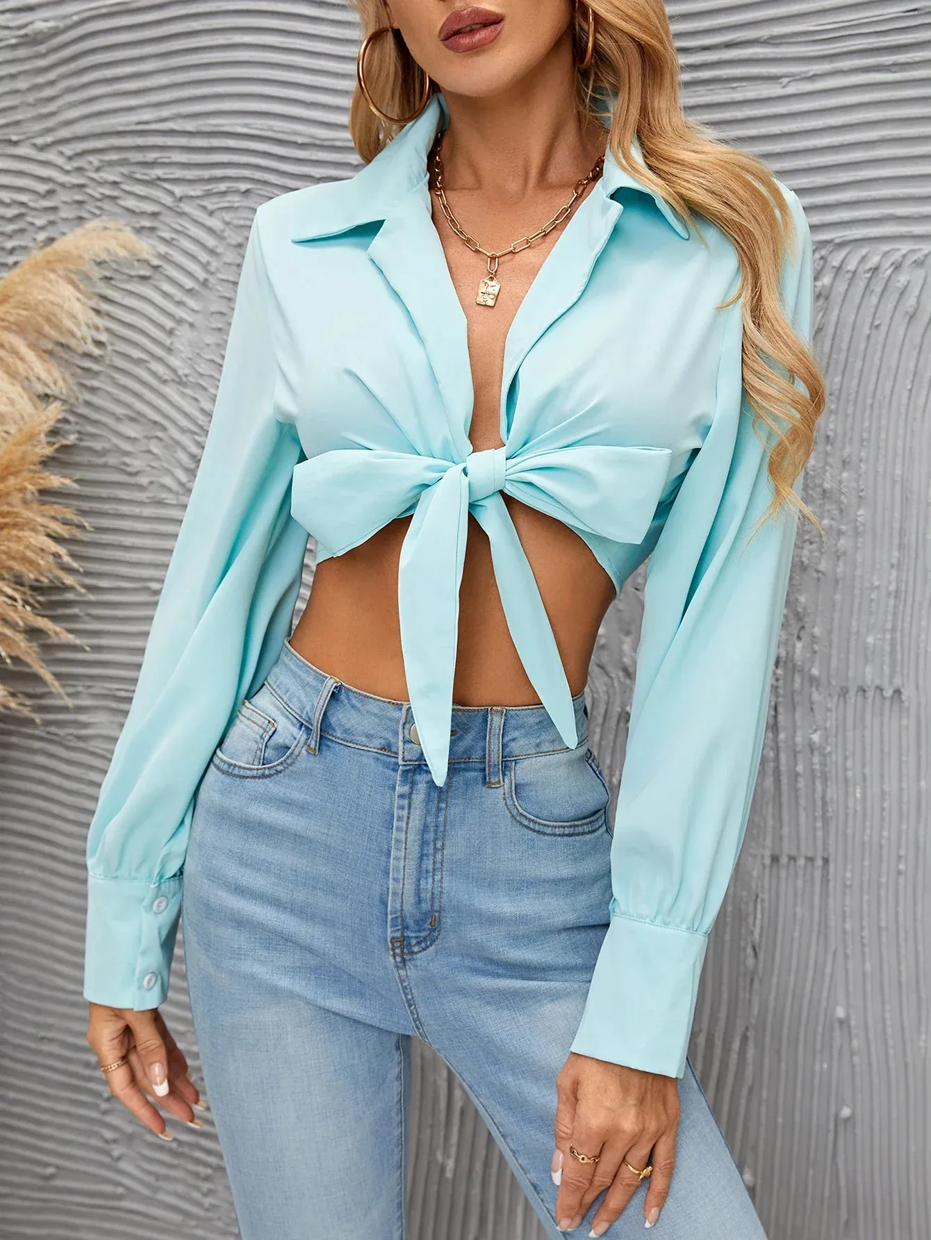 Spring Sleeve Silk Tie Long 2024 Female Autumn Up Cross Crop Y2K New Fashionable Imitation Top