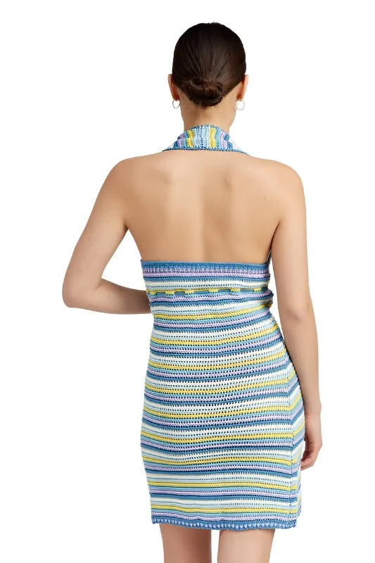 STRIPED CROCHET MINI DRESS WTIH HALTER NECK