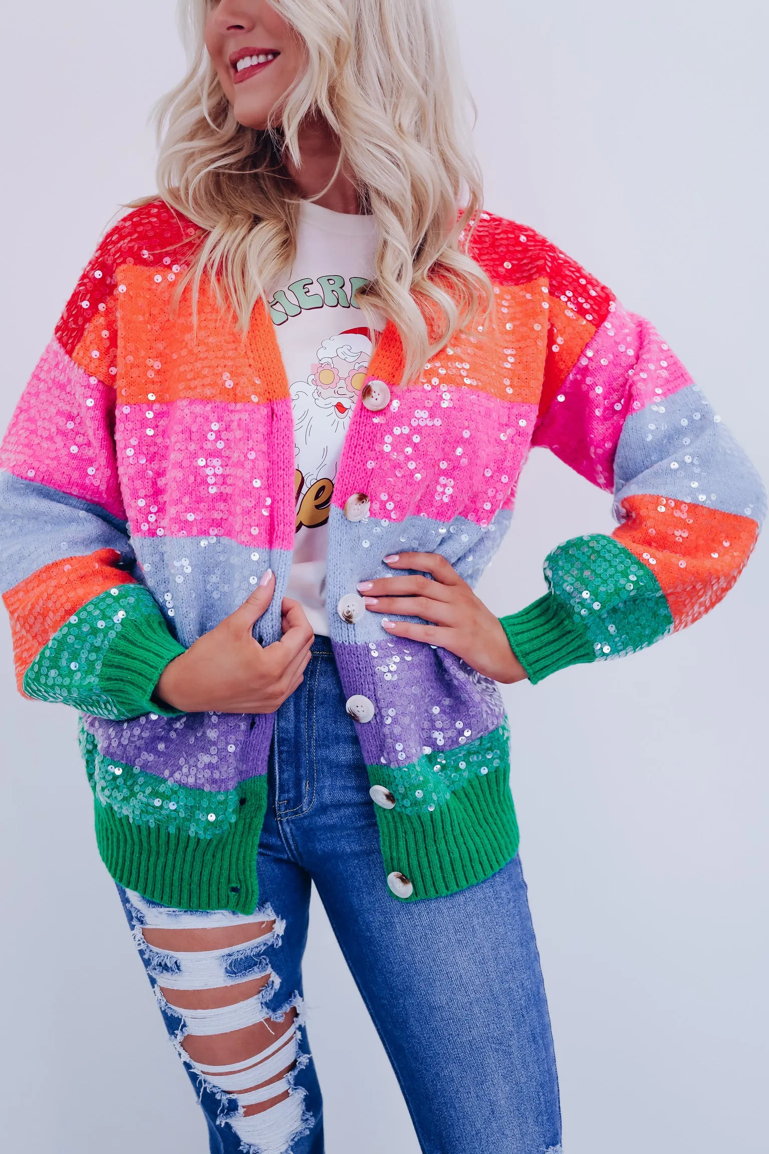 Stripes & Sequins Cardigan - Rainbow