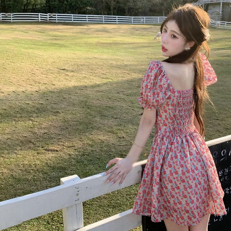 Summer Neck Flowers Square Fragmented Pastoral Mid Sweet Length Casual Dress