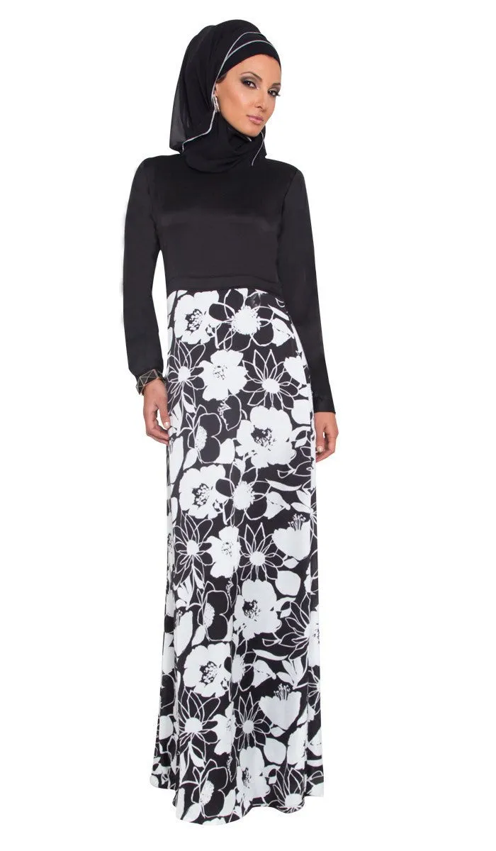 Talia Long Sleeve Modest Muslim Formal Evening Dress - Black and White - Final Sale