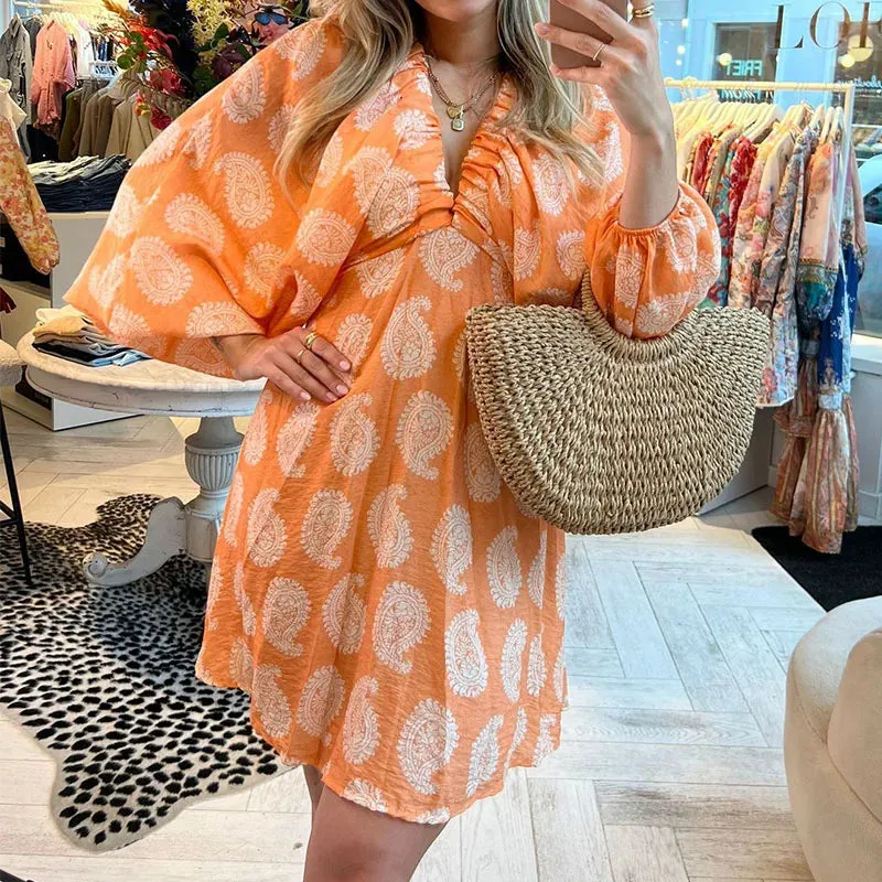 VHigh Waist Short Lantern Sleeve Pleated's Party Elegant Floral Print Summer Casual Deep Dress