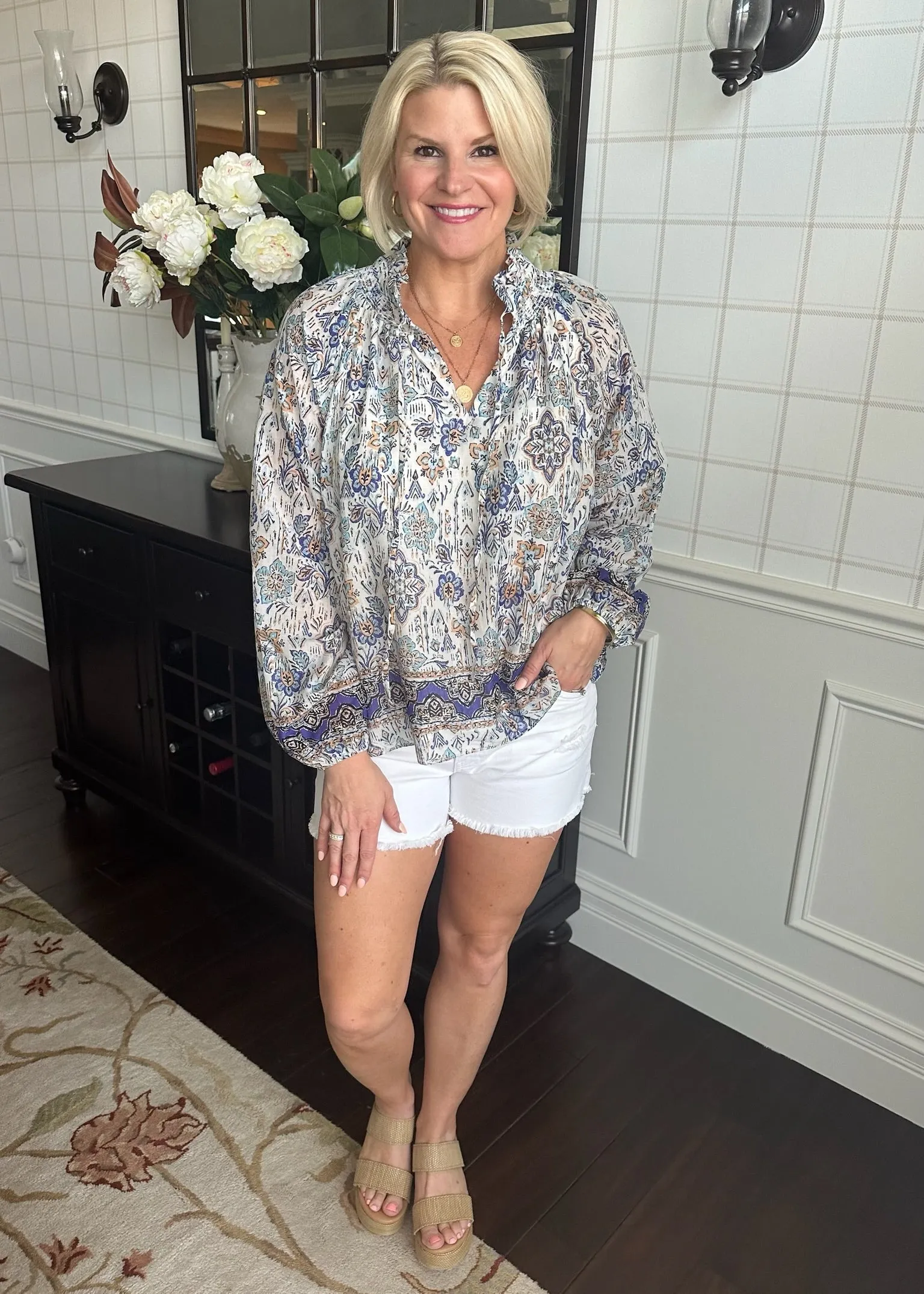 White and Blue Paisley Top