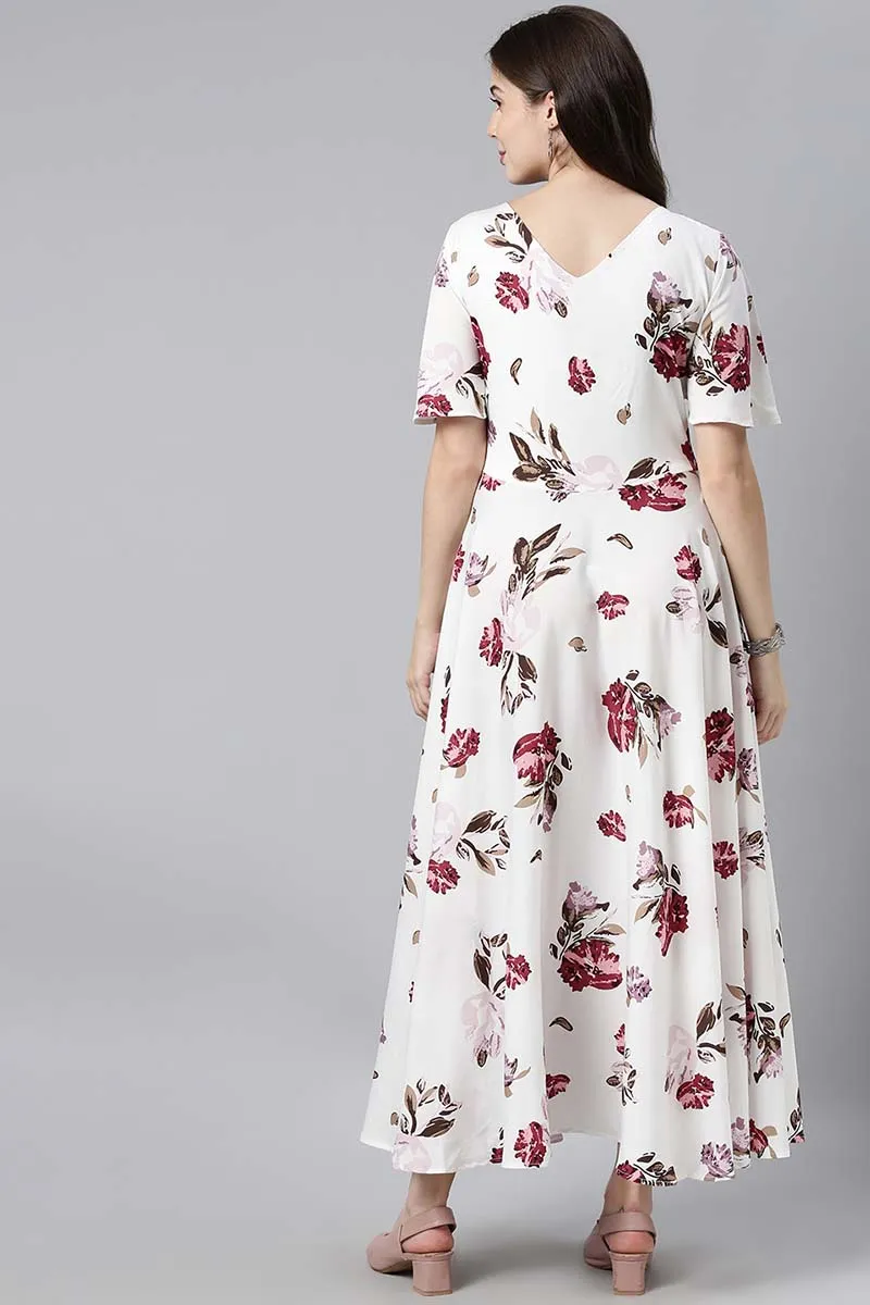 White Crepe Floral Print Maxi Dress