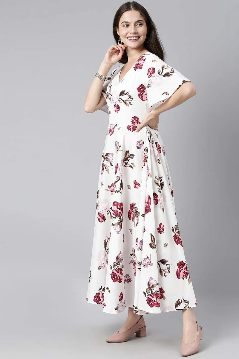 White Crepe Floral Print Maxi Dress