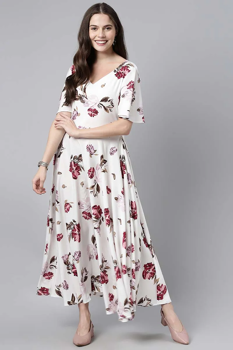 White Crepe Floral Print Maxi Dress
