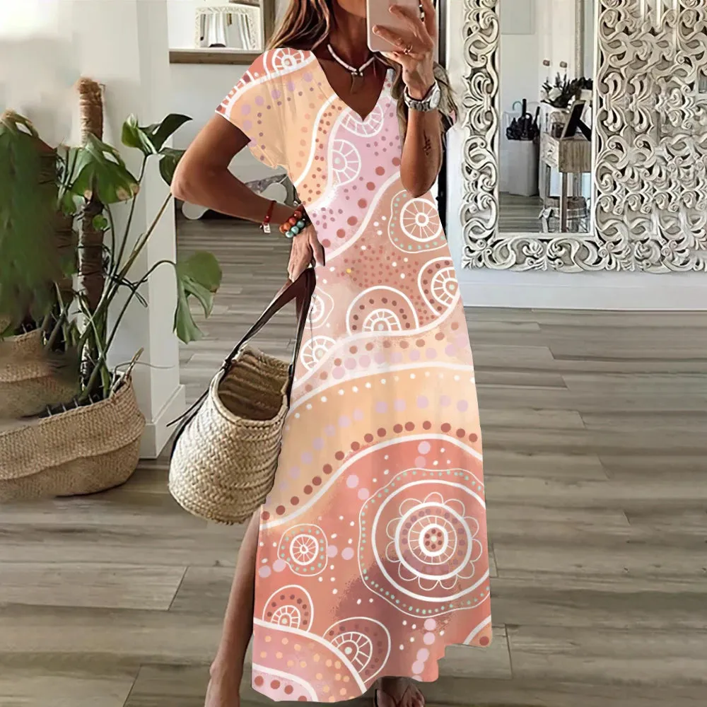 Woman Casual V Neck Long Dress Summer Dress Butterfly Streetwear Fashions Clothing Holiday Short Sleeve Women Dresses Pullover