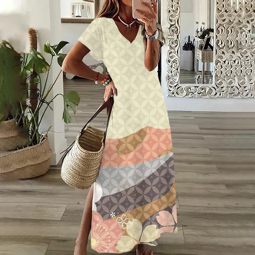 Woman Casual V Neck Long Dress Summer Dress Butterfly Streetwear Fashions Clothing Holiday Short Sleeve Women Dresses Pullover