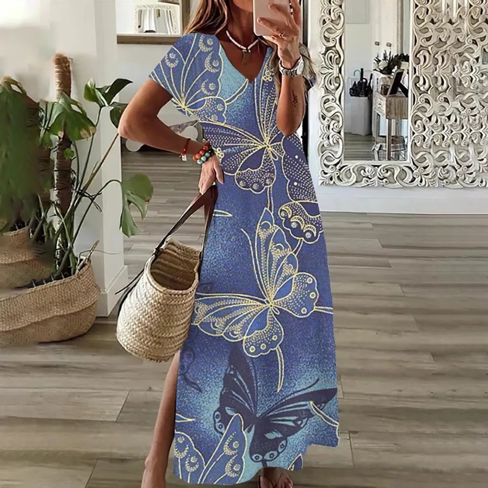 Woman Casual V Neck Long Dress Summer Dress Butterfly Streetwear Fashions Clothing Holiday Short Sleeve Women Dresses Pullover