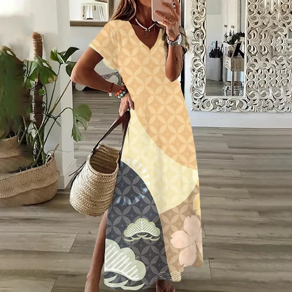 Woman Casual V Neck Long Dress Summer Dress Butterfly Streetwear Fashions Clothing Holiday Short Sleeve Women Dresses Pullover