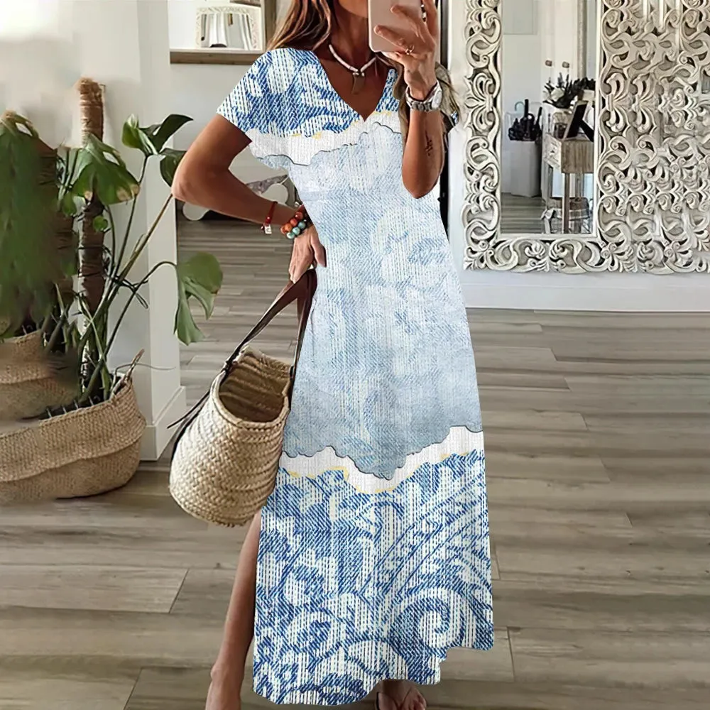 Woman Casual V Neck Long Dress Summer Dress Butterfly Streetwear Fashions Clothing Holiday Short Sleeve Women Dresses Pullover