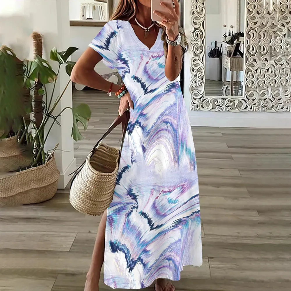 Woman Casual V Neck Long Dress Summer Dress Butterfly Streetwear Fashions Clothing Holiday Short Sleeve Women Dresses Pullover
