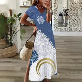 Woman Casual V Neck Long Dress Summer Dress Butterfly Streetwear Fashions Clothing Holiday Short Sleeve Women Dresses Pullover