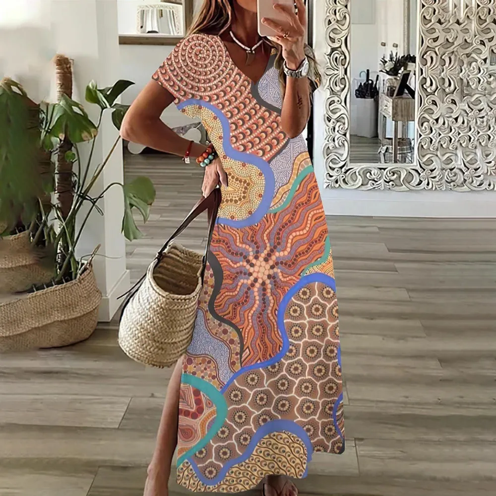 Woman Casual V Neck Long Dress Summer Dress Butterfly Streetwear Fashions Clothing Holiday Short Sleeve Women Dresses Pullover