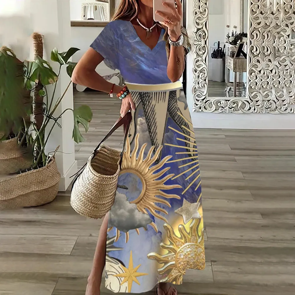 Woman Casual V Neck Long Dress Summer Dress Butterfly Streetwear Fashions Clothing Holiday Short Sleeve Women Dresses Pullover