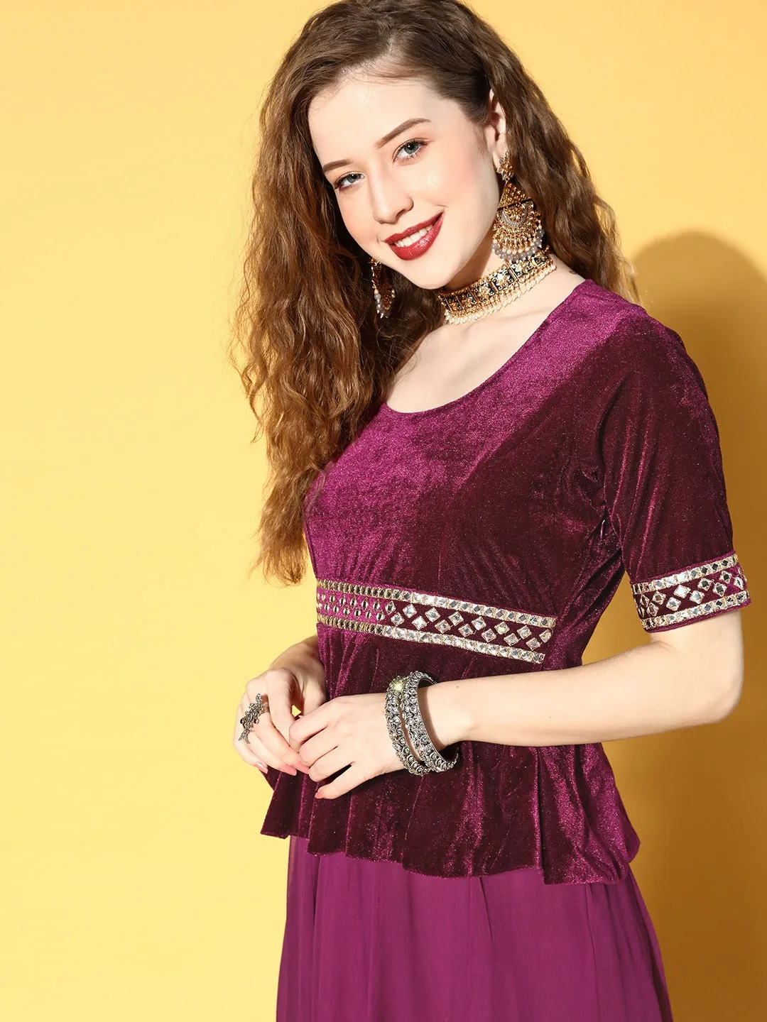 Women Burgundy Embroidered Peplum Anarkali Maxi Dress