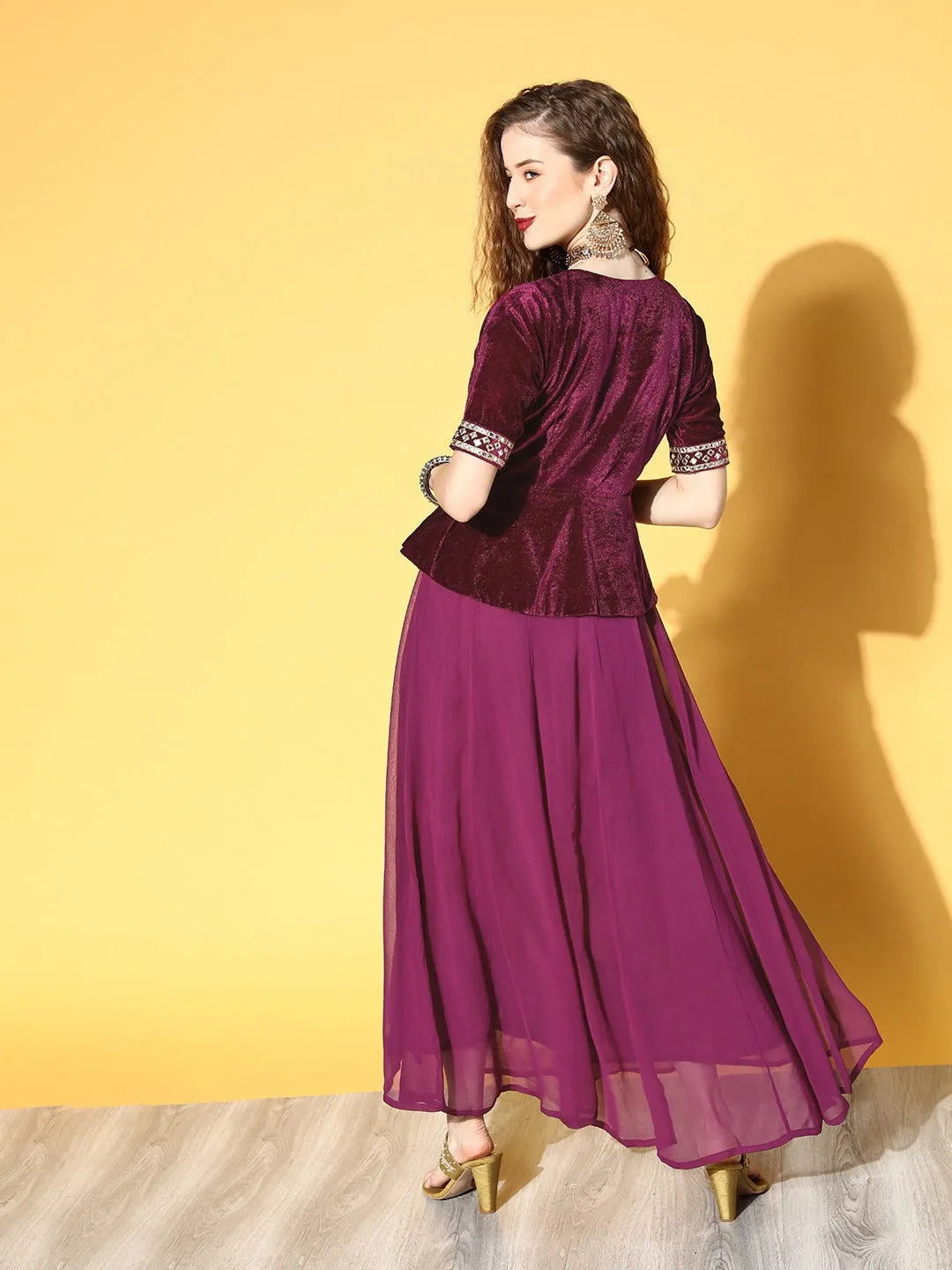 Women Burgundy Embroidered Peplum Anarkali Maxi Dress