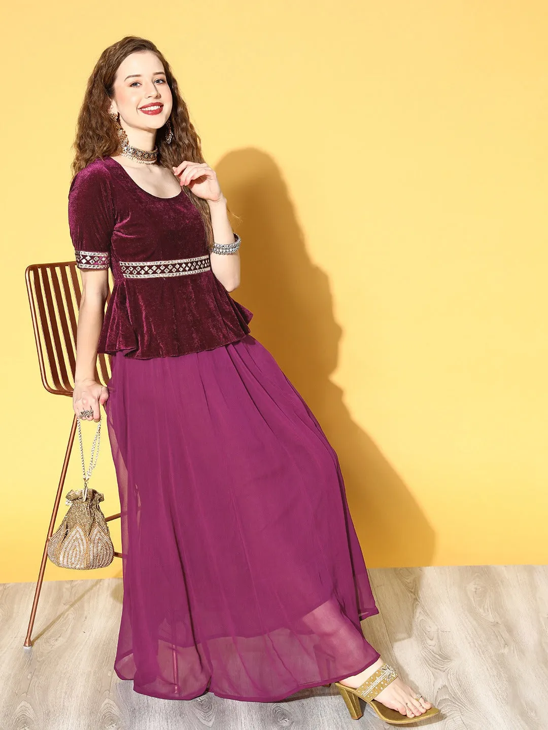 Women Burgundy Embroidered Peplum Anarkali Maxi Dress