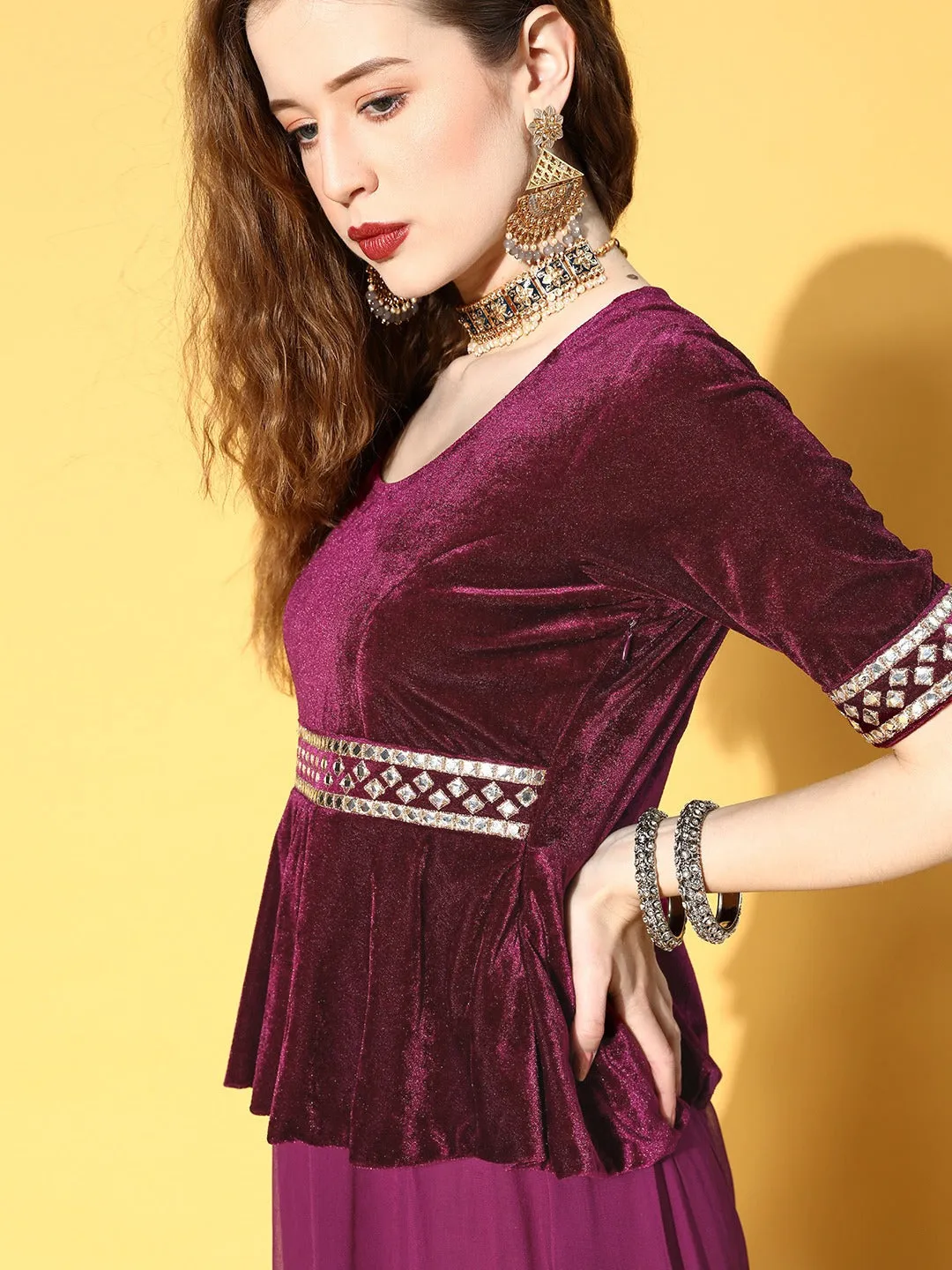Women Burgundy Embroidered Peplum Anarkali Maxi Dress