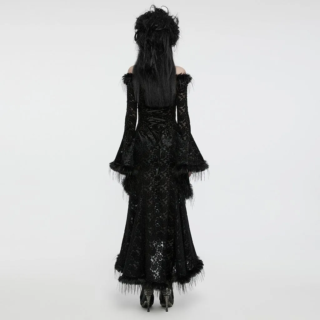 Women's Gothic Flared Sleeved Faux Fur Splice Flocked Mesh Witch Dress