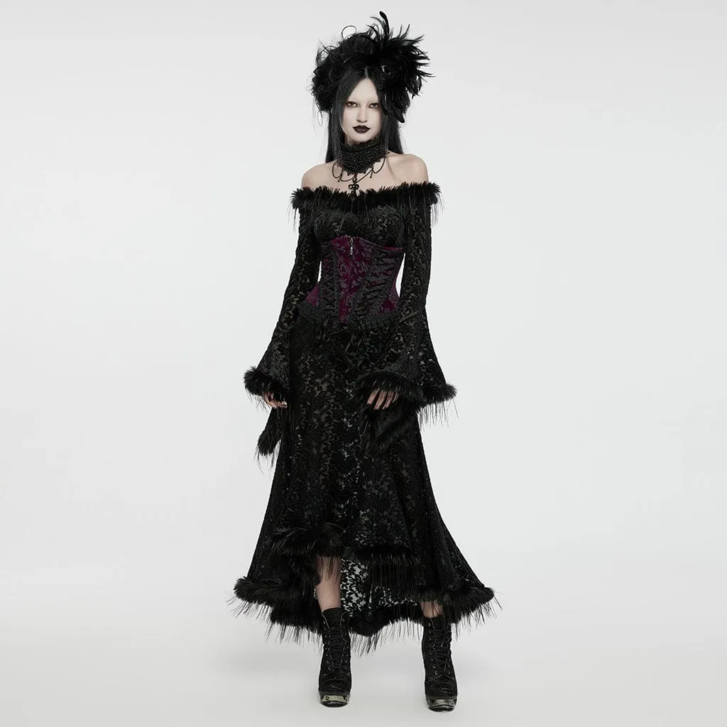 Women's Gothic Flared Sleeved Faux Fur Splice Flocked Mesh Witch Dress
