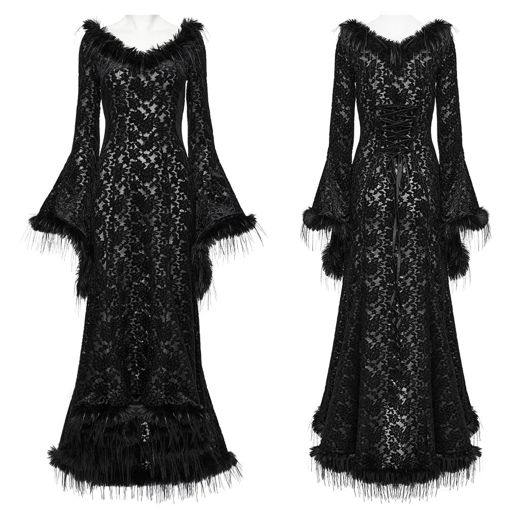 Women's Gothic Flared Sleeved Faux Fur Splice Flocked Mesh Witch Dress