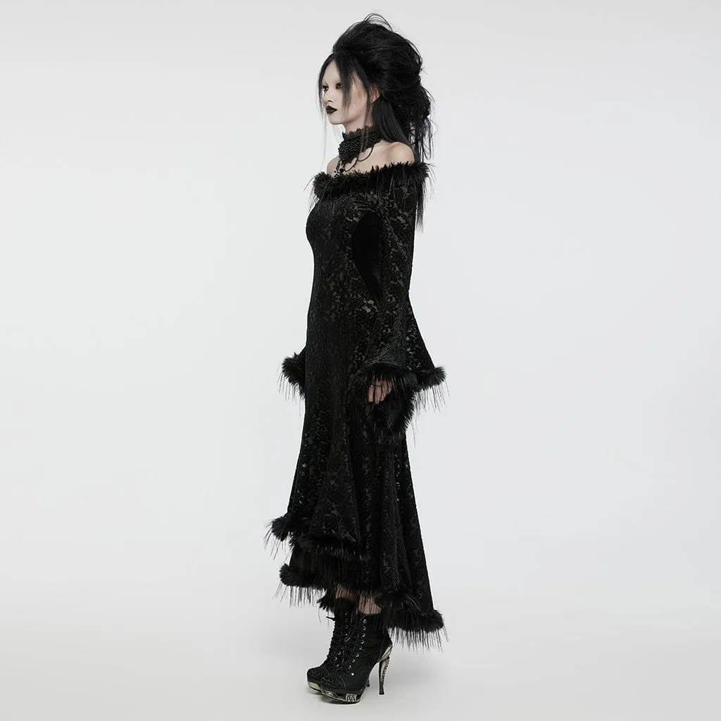 Women's Gothic Flared Sleeved Faux Fur Splice Flocked Mesh Witch Dress