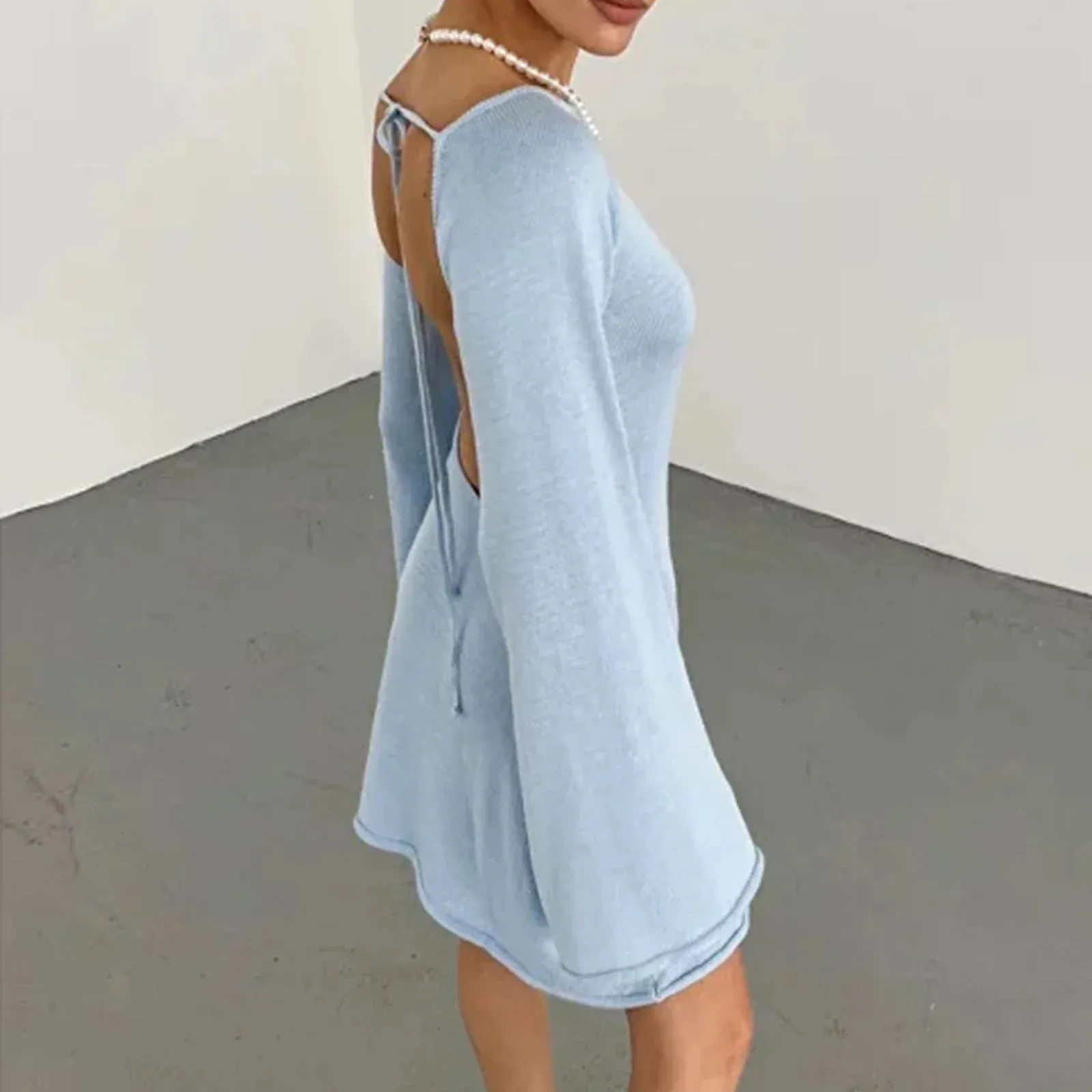 Women's Knitted Backless Long Sleeve Mini Dress - Chic Solid Color Streetwear Party Dress