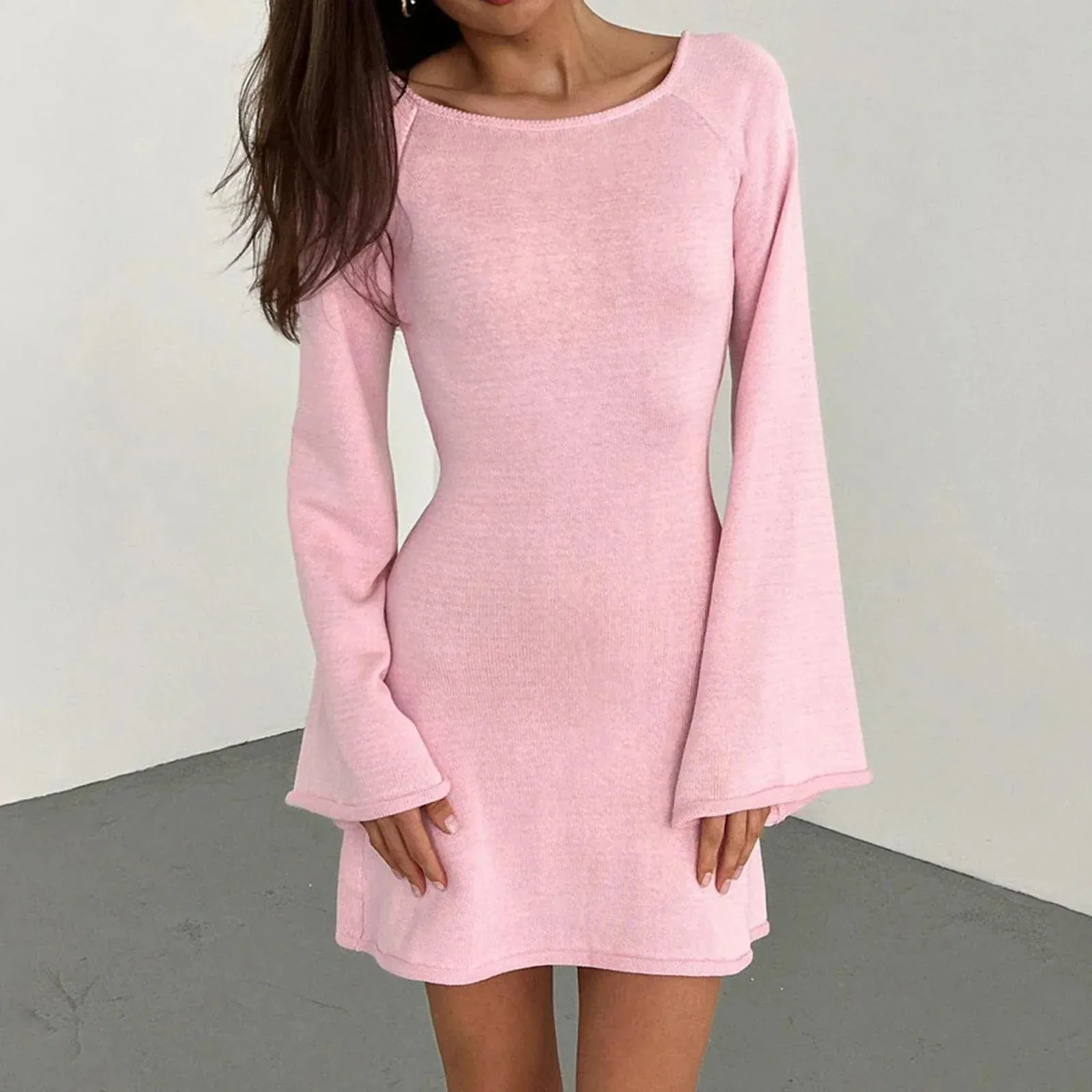 Women's Knitted Backless Long Sleeve Mini Dress - Chic Solid Color Streetwear Party Dress