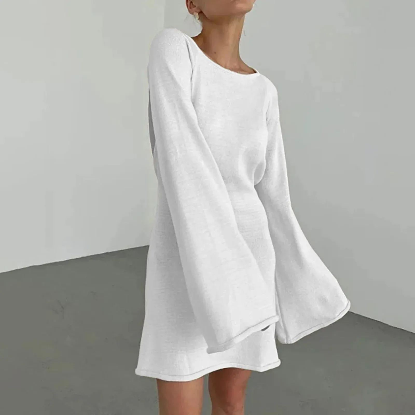 Women's Knitted Backless Long Sleeve Mini Dress - Chic Solid Color Streetwear Party Dress