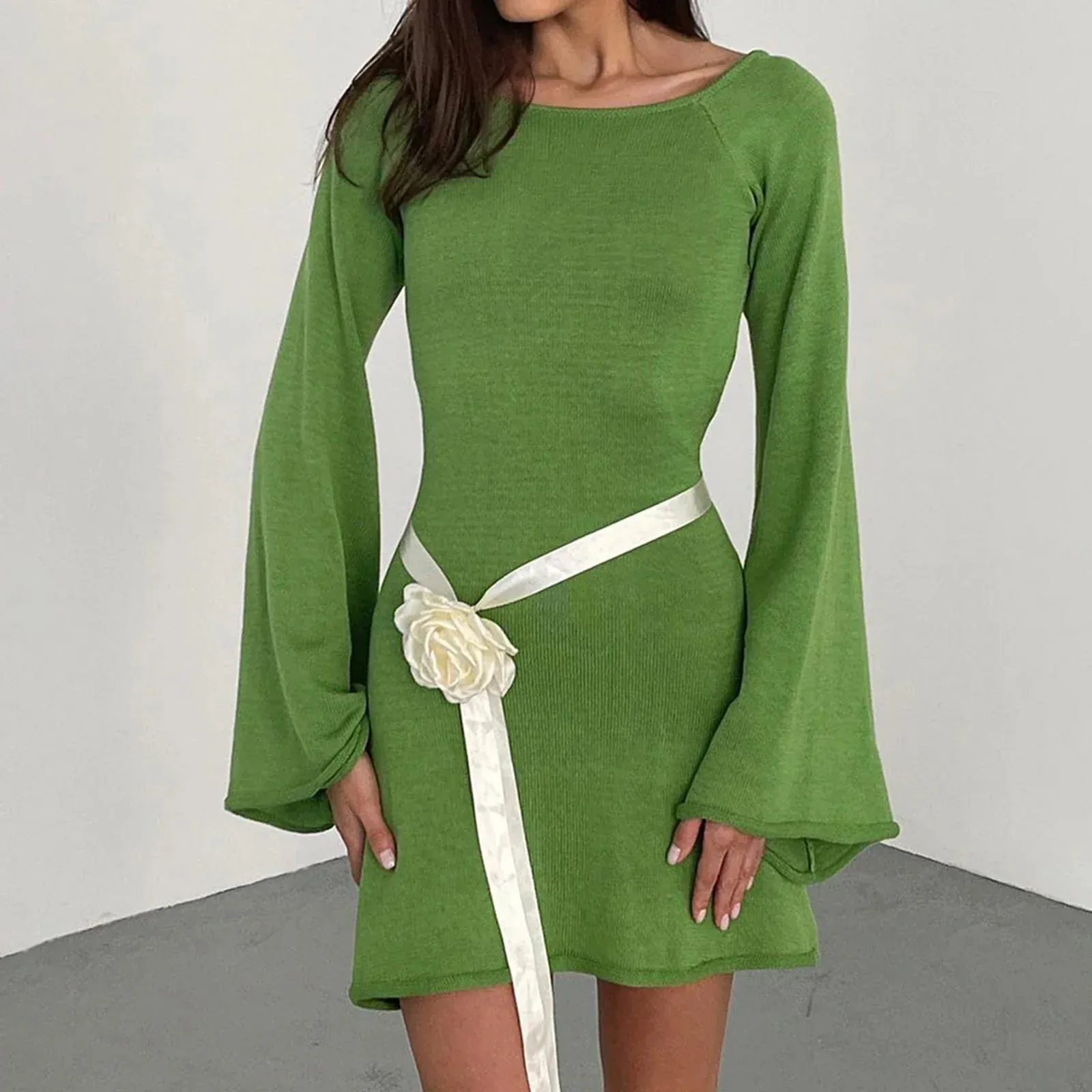 Women's Knitted Backless Long Sleeve Mini Dress - Chic Solid Color Streetwear Party Dress