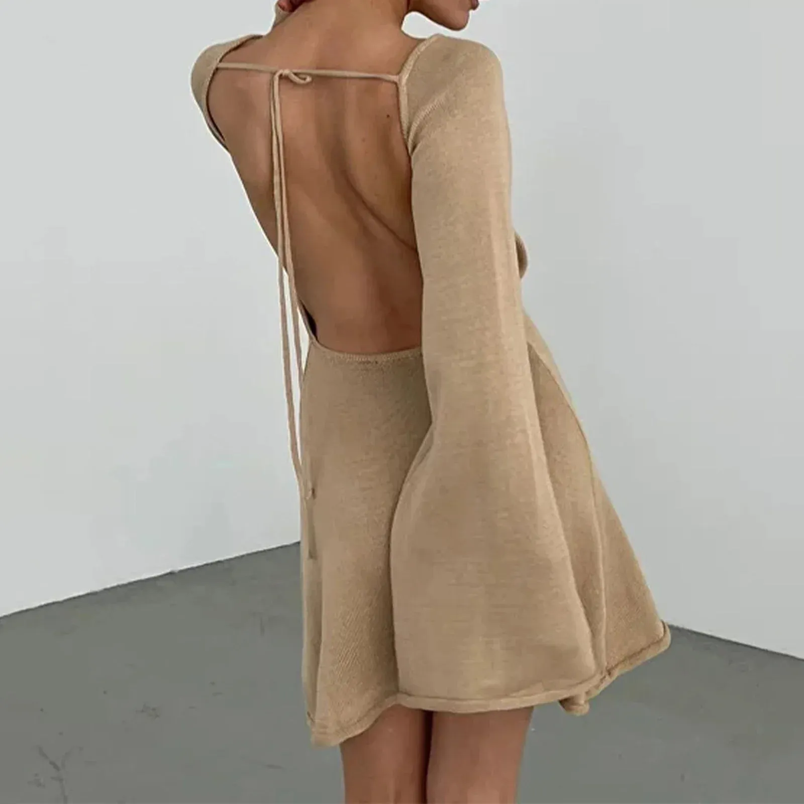 Women's Knitted Backless Long Sleeve Mini Dress - Chic Solid Color Streetwear Party Dress