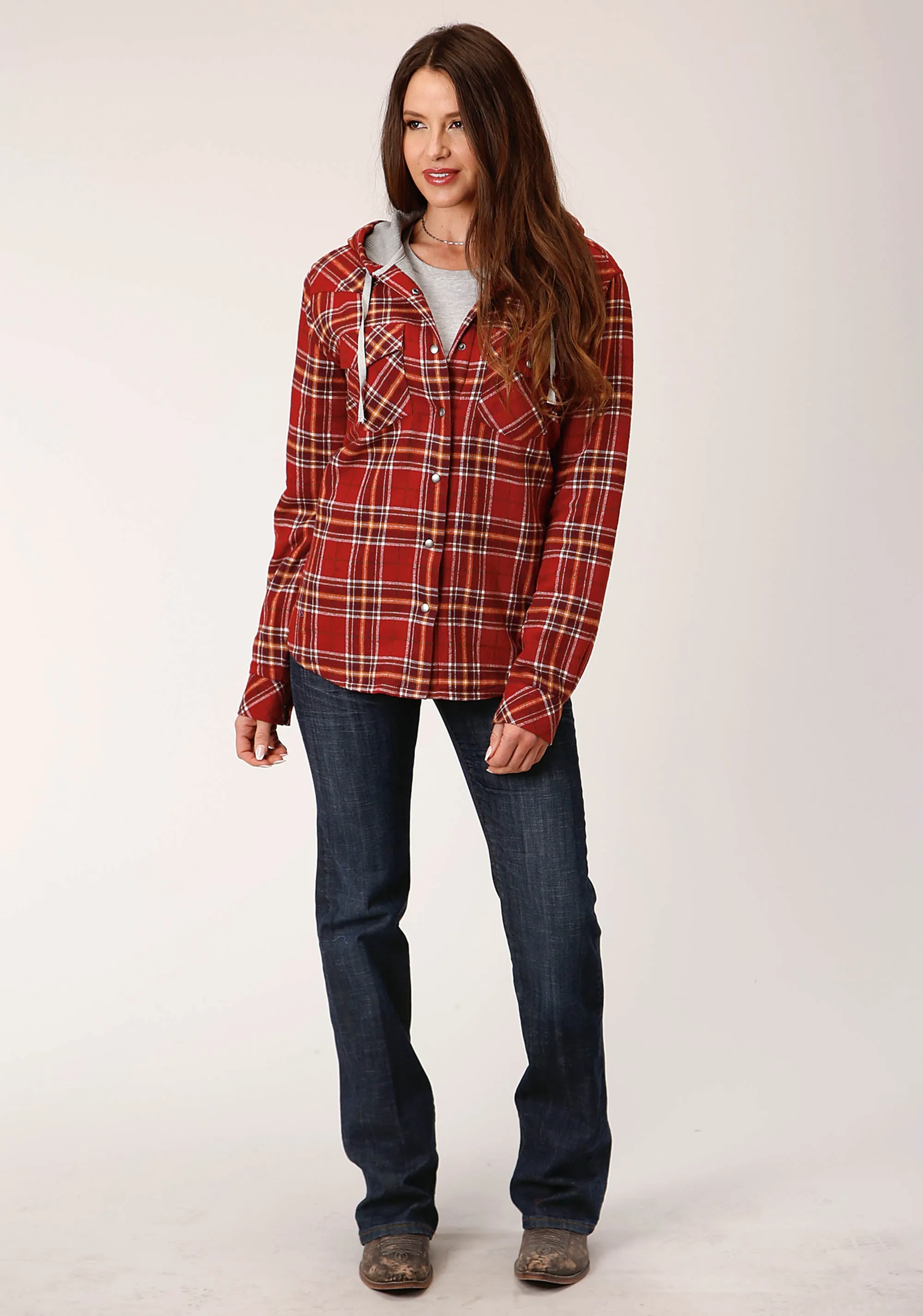 WOMENS SNAP THERMAL LINED FLANNEL SHIRT JACKET RUST WINE GOLD PLAID