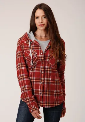 WOMENS SNAP THERMAL LINED FLANNEL SHIRT JACKET RUST WINE GOLD PLAID
