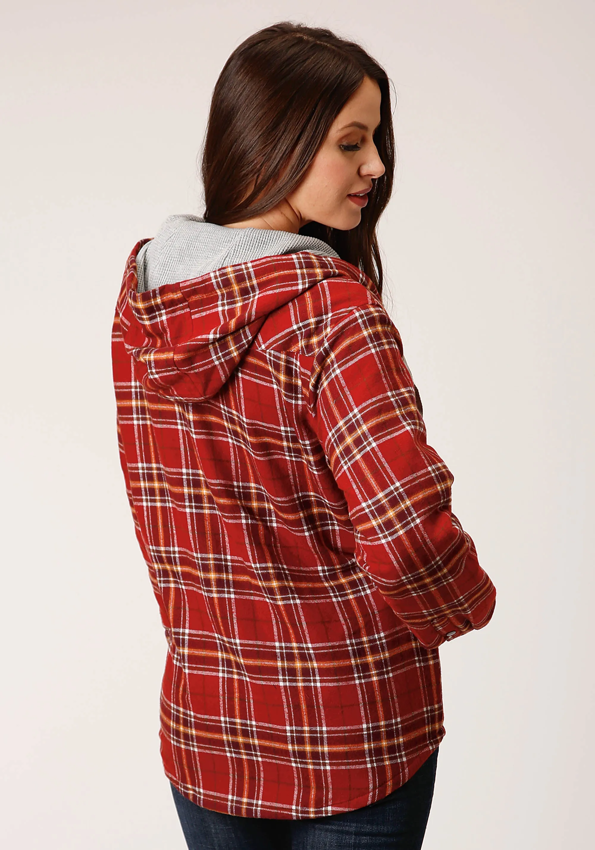 WOMENS SNAP THERMAL LINED FLANNEL SHIRT JACKET RUST WINE GOLD PLAID