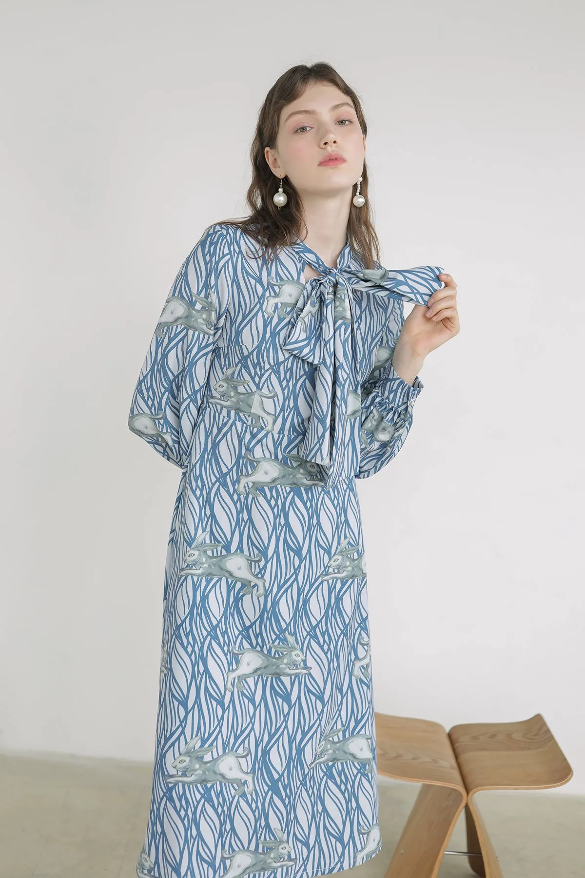 XUNRUO | Bunny Wavy Print Ribbon Dress